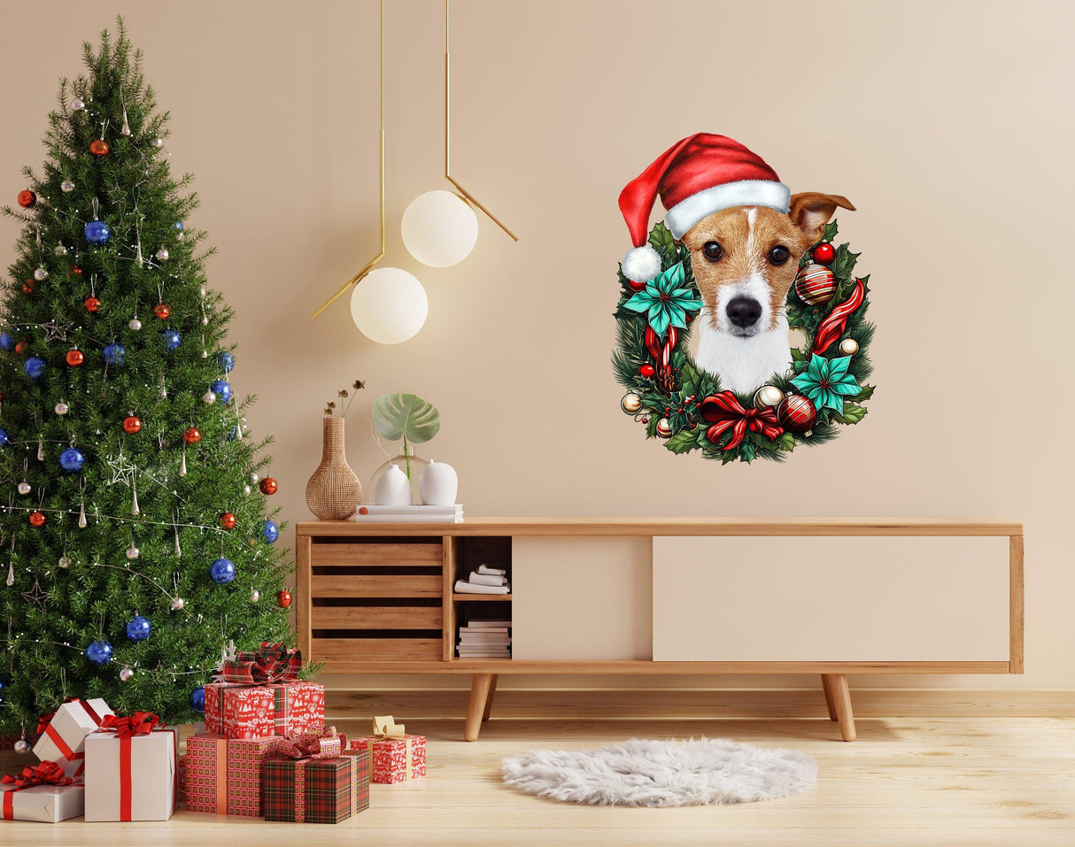 Custom pet Christmas wreath wall decal featuring a dog in a festive red hat, perfect for holiday decor.