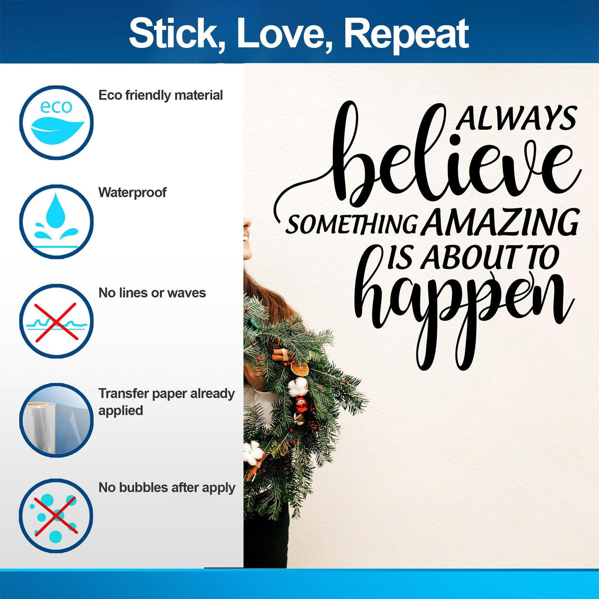 Inspiring Christmas Quote Wall Vinyl Sticker showcasing 'Always Believe Something Amazing is About to Happen'