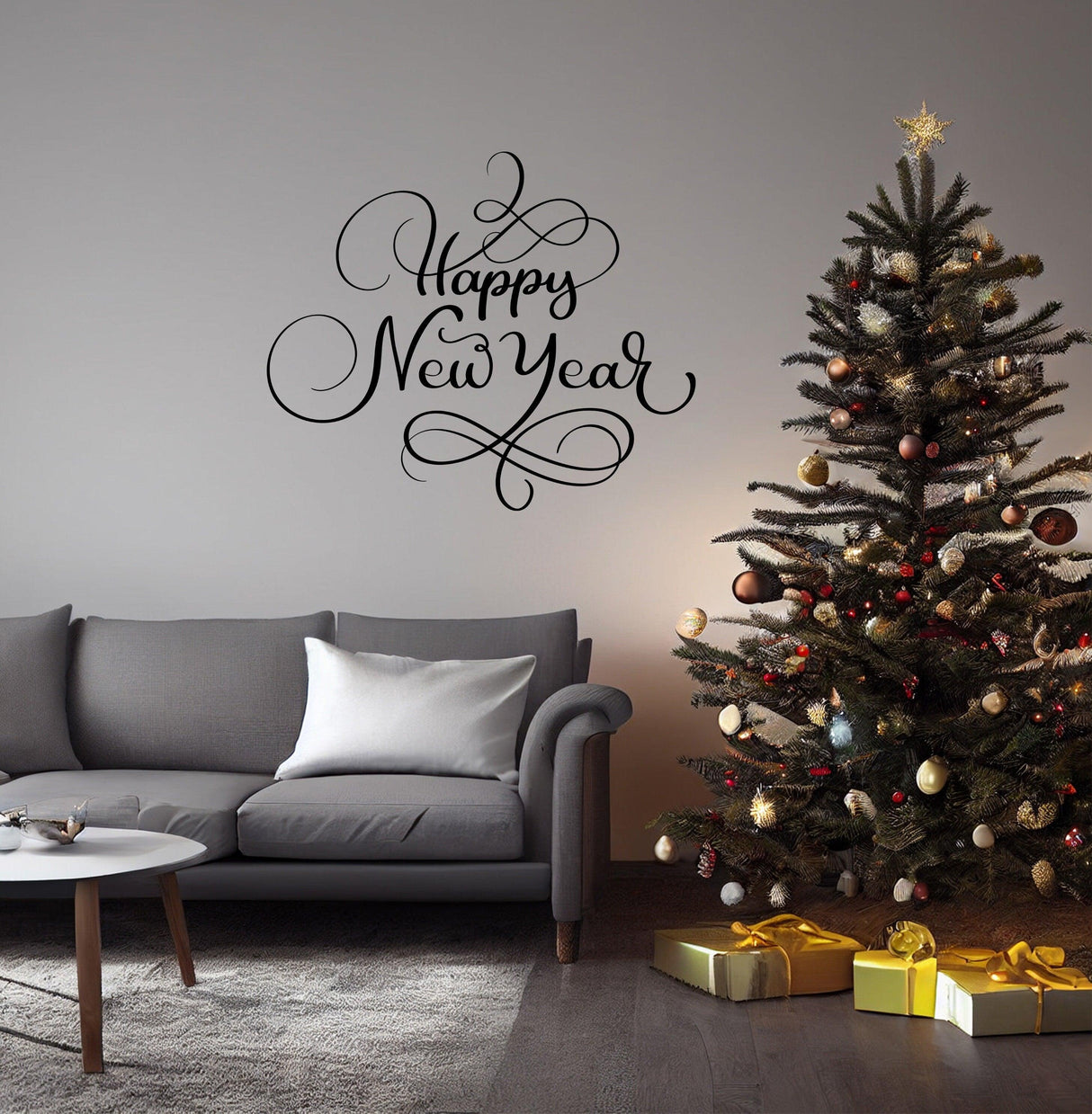 Elegant 'Happy New Year' wall vinyl sticker above a cozy sofa and Christmas tree with gifts, perfect for festive decor.