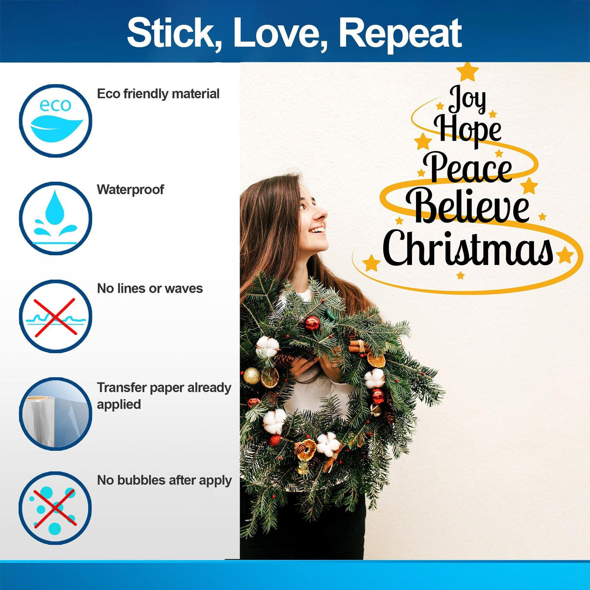 Christmas wall vinyl sticker with quote 'Joy Hope Peace Believe' on woman holding wreath, showcasing eco-friendly features.
