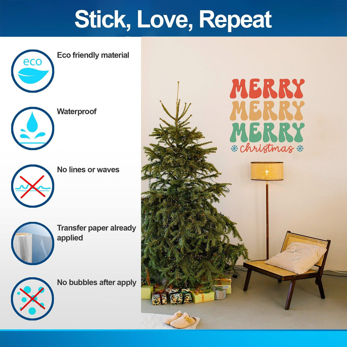 Merry Merry Merry Christmas vinyl sticker on wall by a Christmas tree, eco-friendly and waterproof decoration.