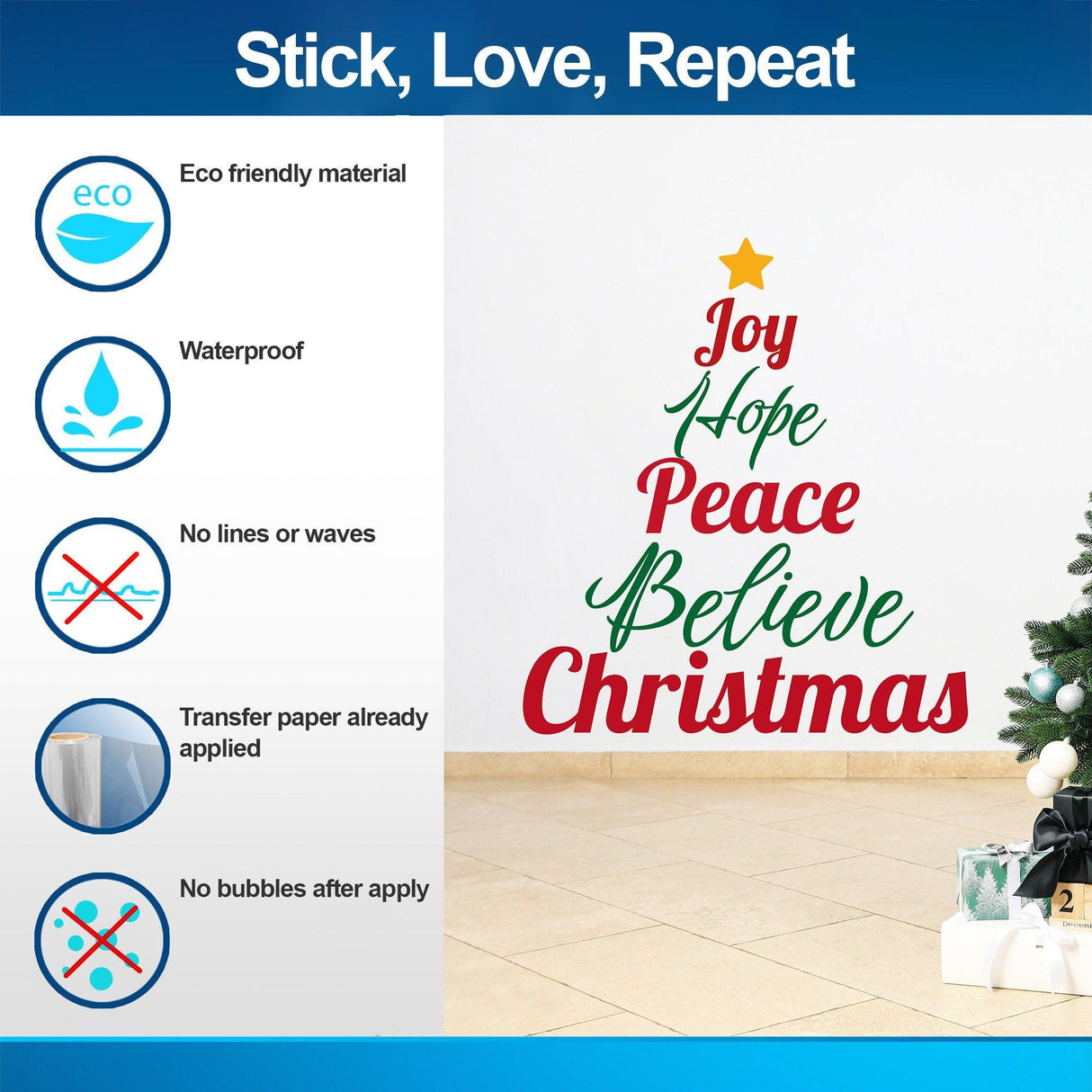 Colorful Christmas quote wall decal with 'Joy Hope Peace Believe Christmas' text, eco-friendly and waterproof.