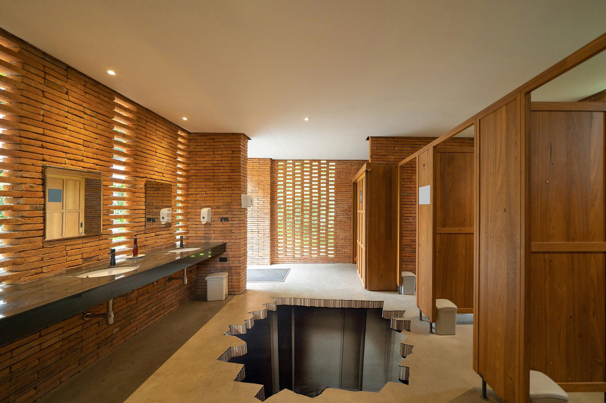 Captivating 3D illusion floor sticker in modern bathroom with wooden decor and porthole design creating a basement view.