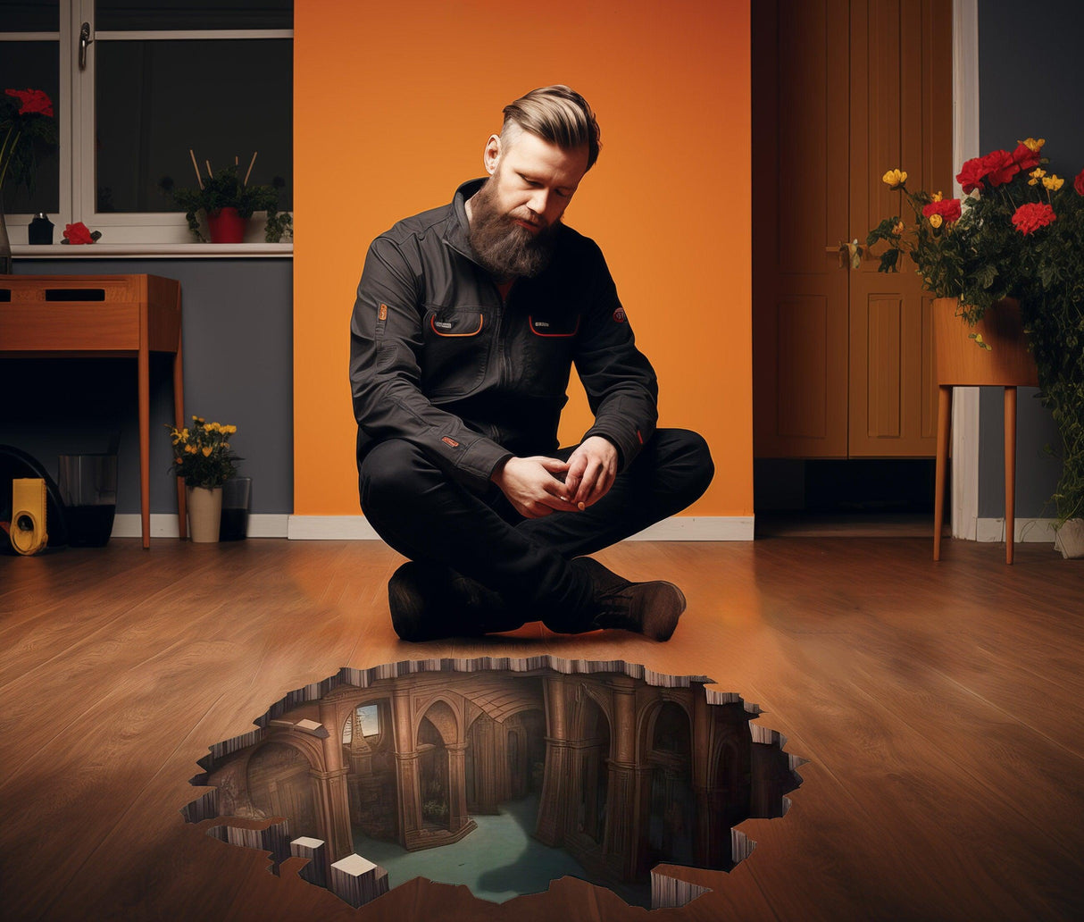 Man admiring an enchanting 3D illusion porthole floor sticker depicting an underground view in a stylish room.