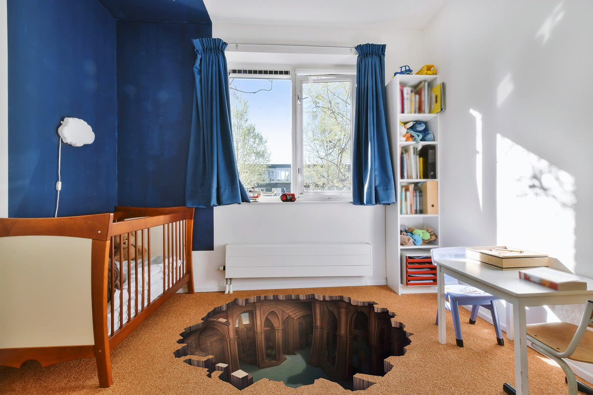 Enchanting 3D illusion floor sticker depicting a porthole view in a cozy children's room.