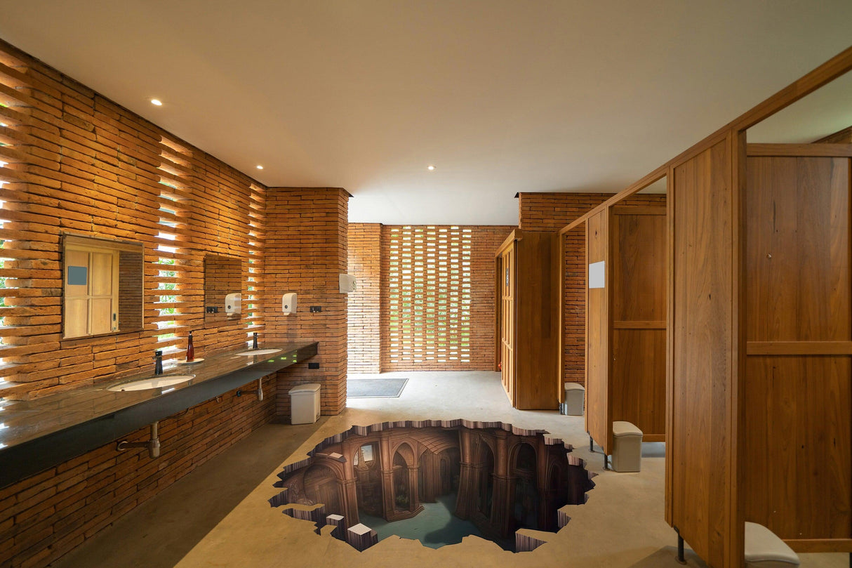 3D illusion porthole floor sticker in a modern restroom with brick walls, showcasing a captivating underground scene.