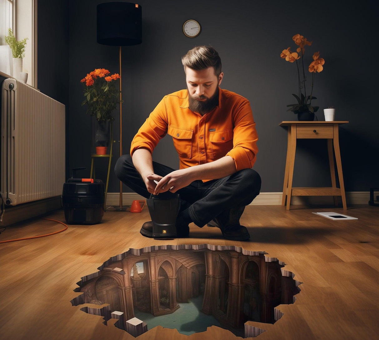 Man examining an enchanting 3D illusion porthole floor sticker in a stylish living room.