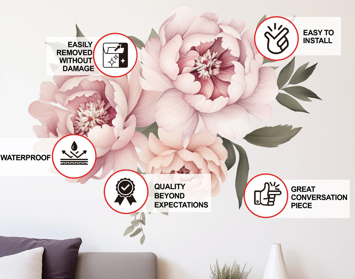 Elegant peony flowers wall decal with installation features and benefits displayed, enhancing any room decor.