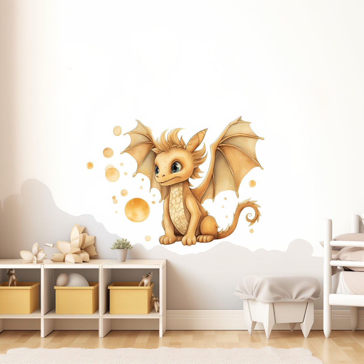 Whimsical baby dragon wall decal in a bright nursery, adding magical charm to children's room decor.