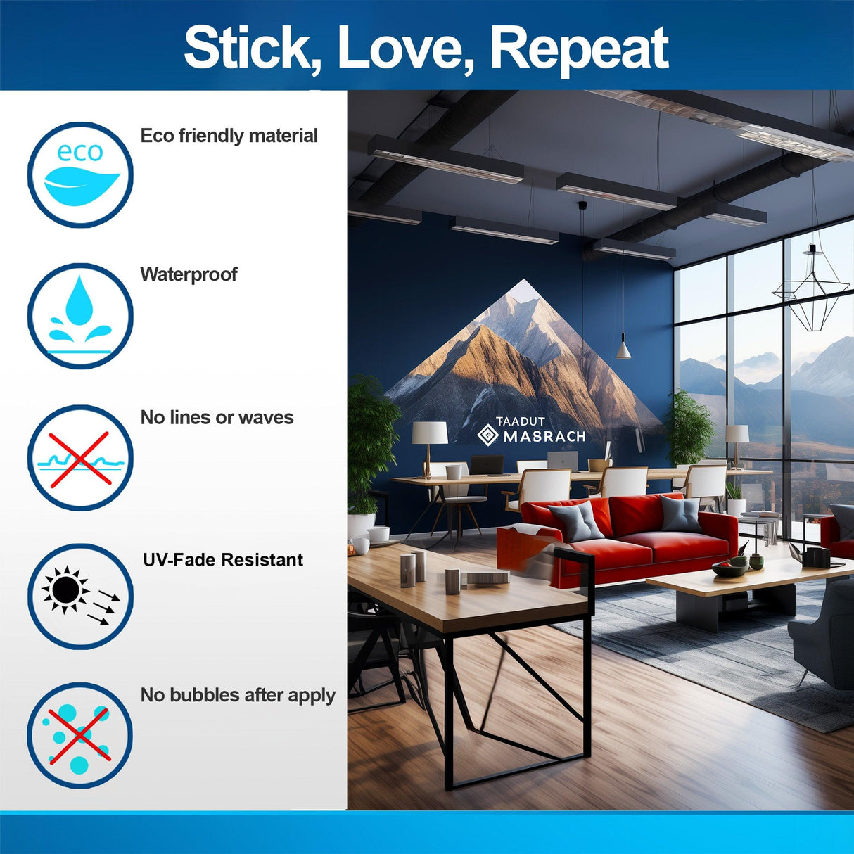 Eco-friendly wall decal features including waterproof, UV-fade resistant, and easy application.