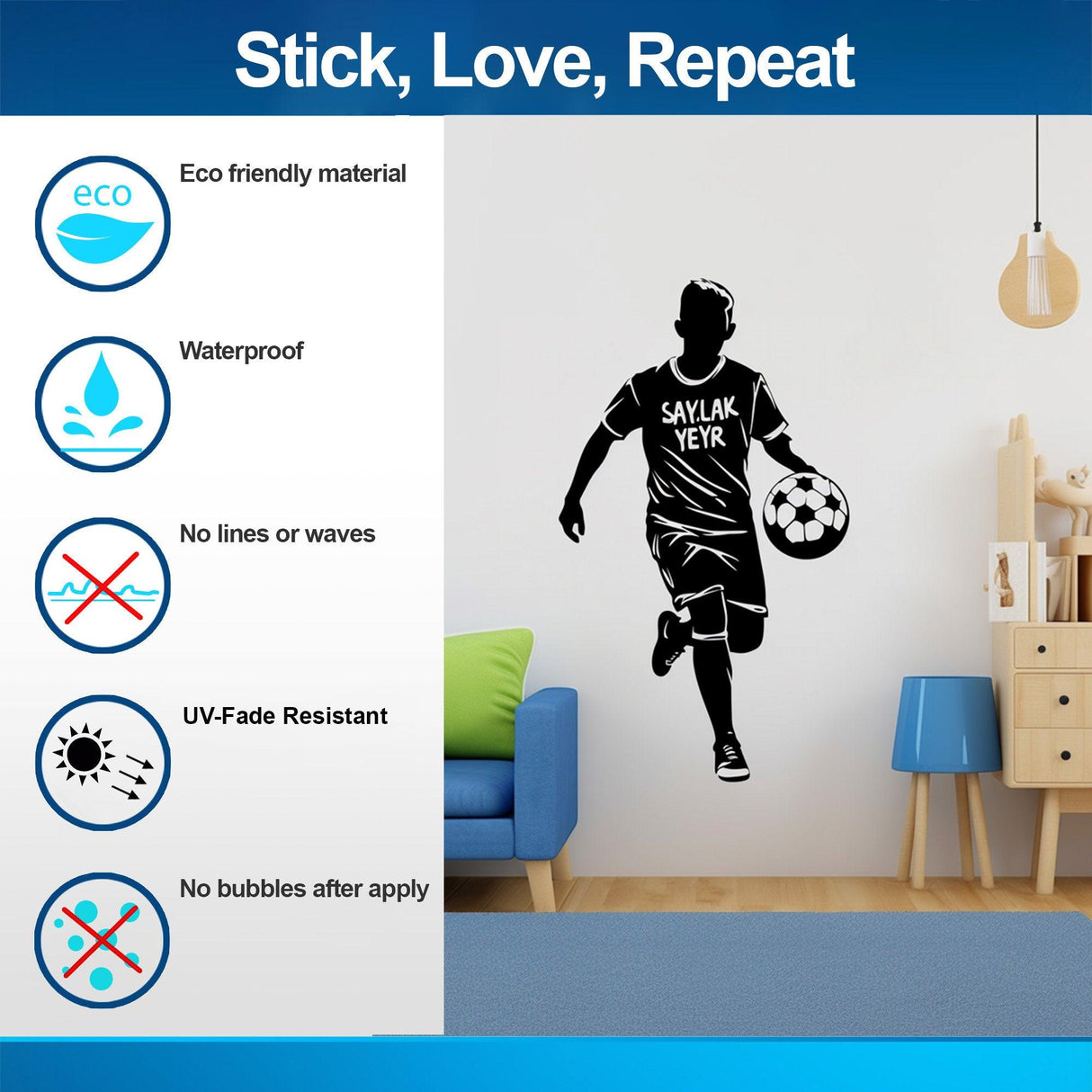 Custom name football player wall sticker features eco-friendly, waterproof design, no bubbles, UV-fade resistant for personalized home decor.