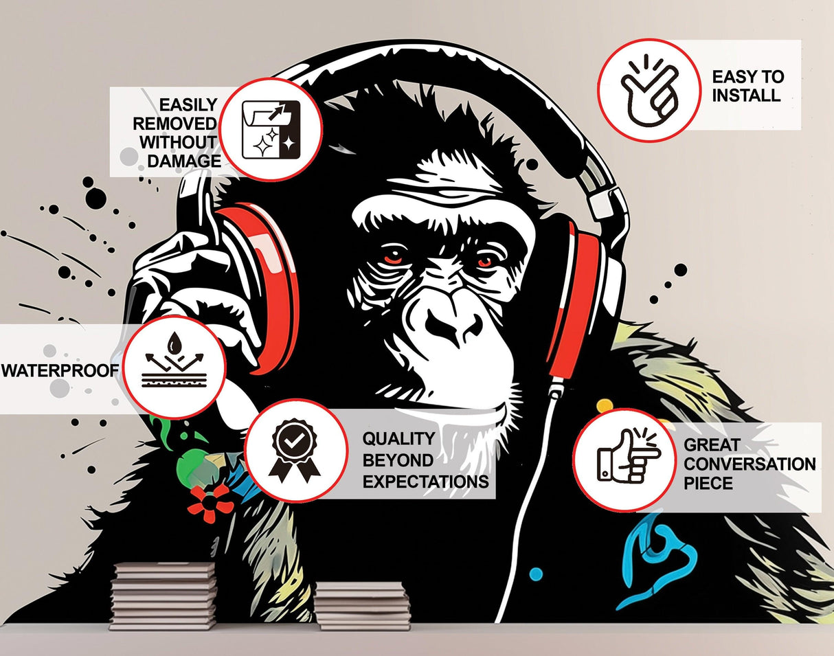 Headphone Chimp Wall Art Sticker showcasing DJ ape with headphones and key features like waterproof and easy install.