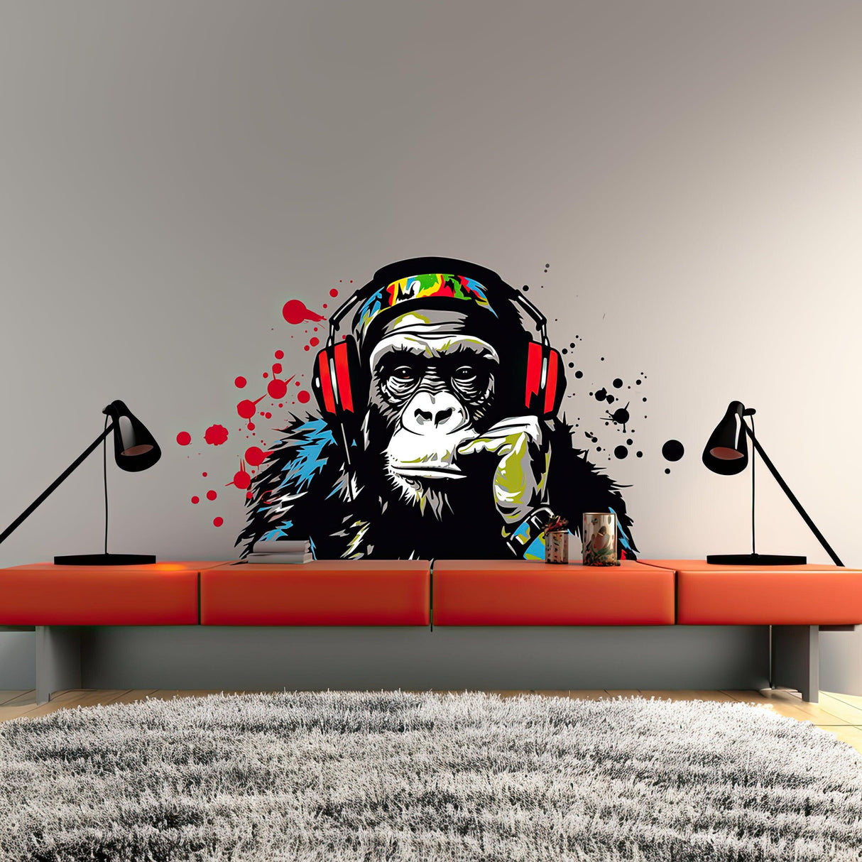 Wise contemplative ape with headphones on a wall decal, adding musical charm to any room decor.