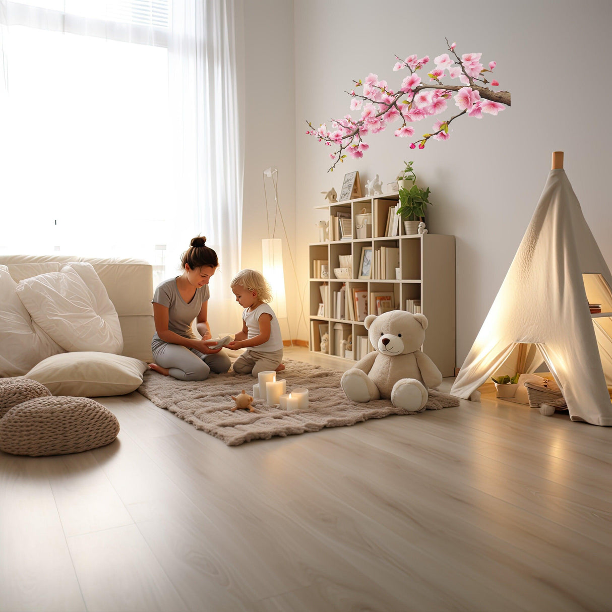 Mother and child in a serene nursery with Cherry Blossom wall decal, plush teddy bear, and cozy decor.