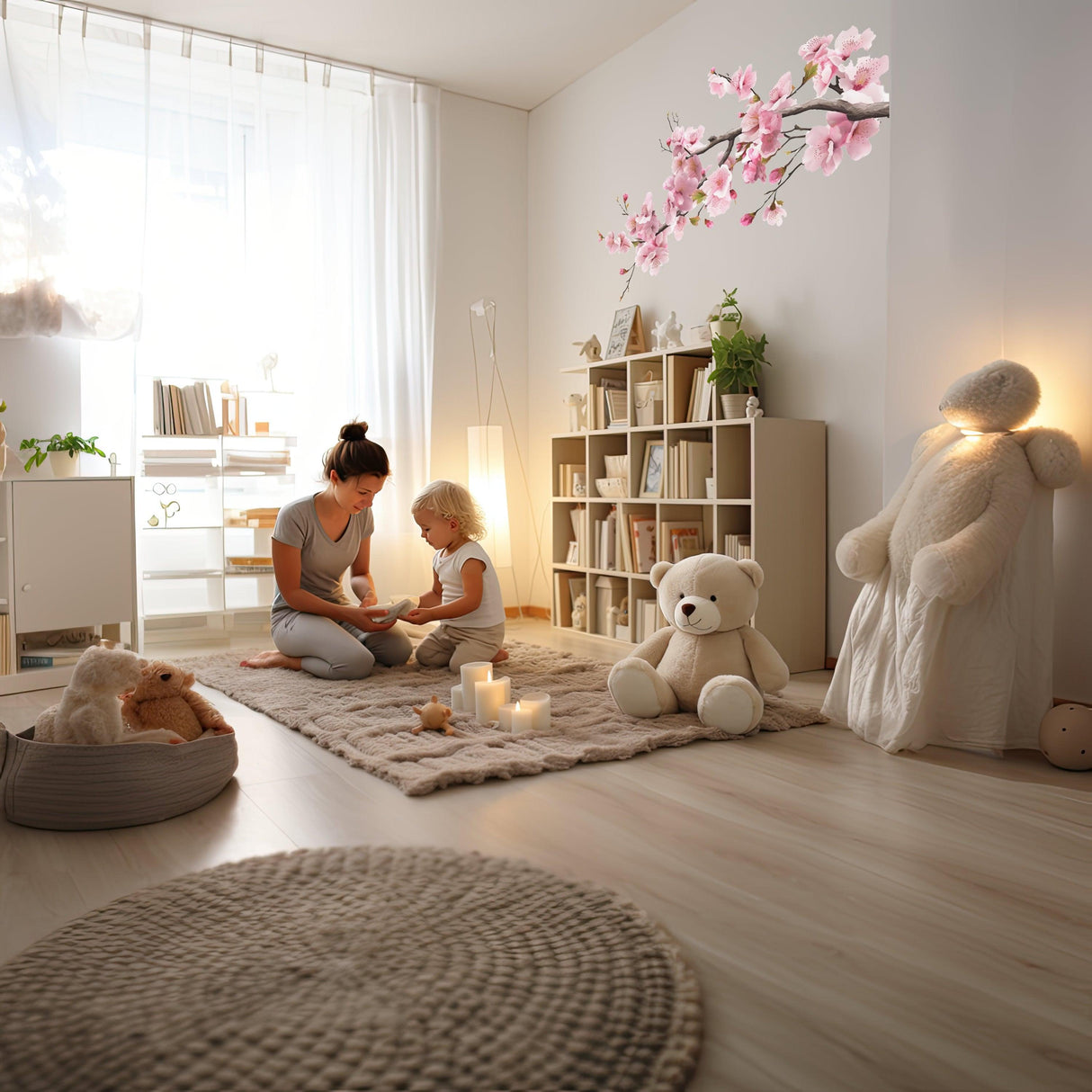 Mother and child in a serene nursery featuring a pink cherry blossom wall decal, soft textures, and soft lighting.