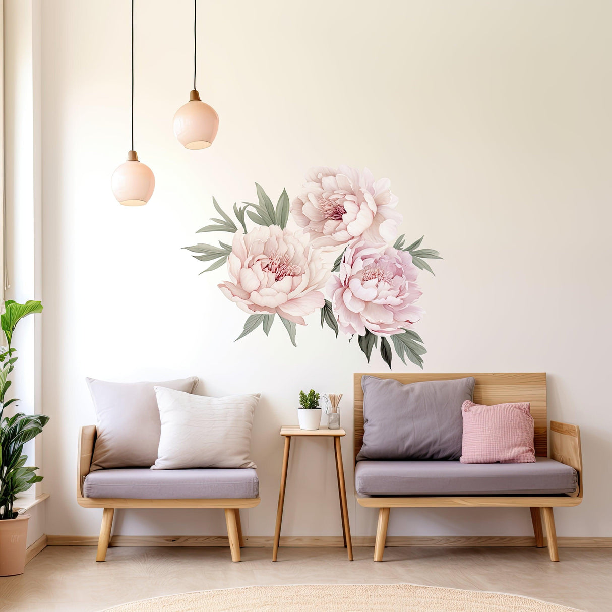 Lush watercolor peony wall decals adorning a stylish living room wall, enhancing floral aesthetics in a cozy space.