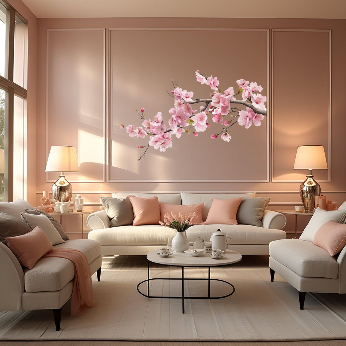 Pink cherry blossom tree branch wall decal in a serene living room setting with elegant decor.