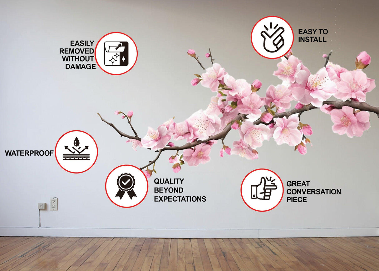Delicate cherry blossom branch wall decal with installation and quality features displayed on a nursery wall.