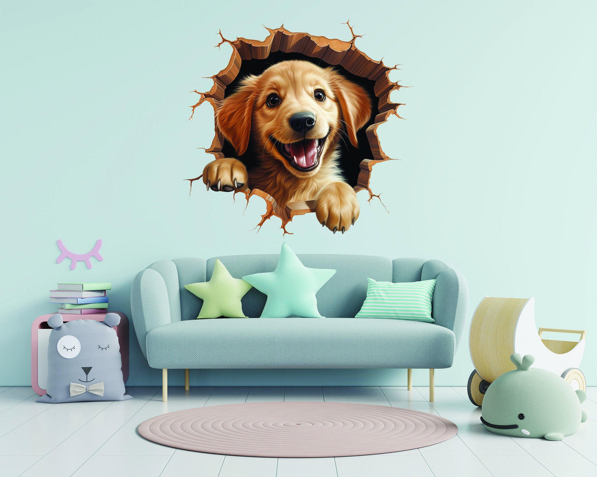 3D dog wall sticker featuring a happy golden retriever pup popping out of a cracked wall in a stylish living room.