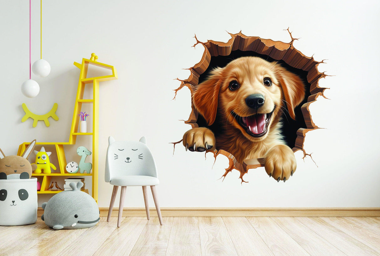 3D dog art wall sticker featuring a golden retriever popping through a cracked illusion design for vibrant room decor.