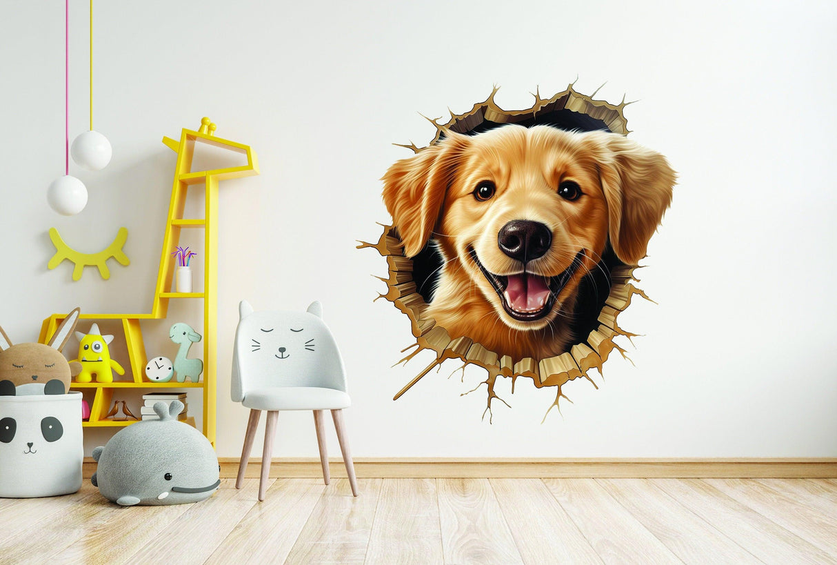 3D cute puppy wall sticker creating a broken wall illusion, adding charm to nursery decor.