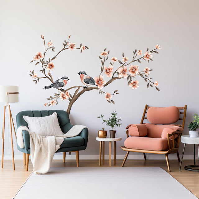 Tree wall sticker with blossom flowers and birds, elegant vinyl decor for a serene living room.
