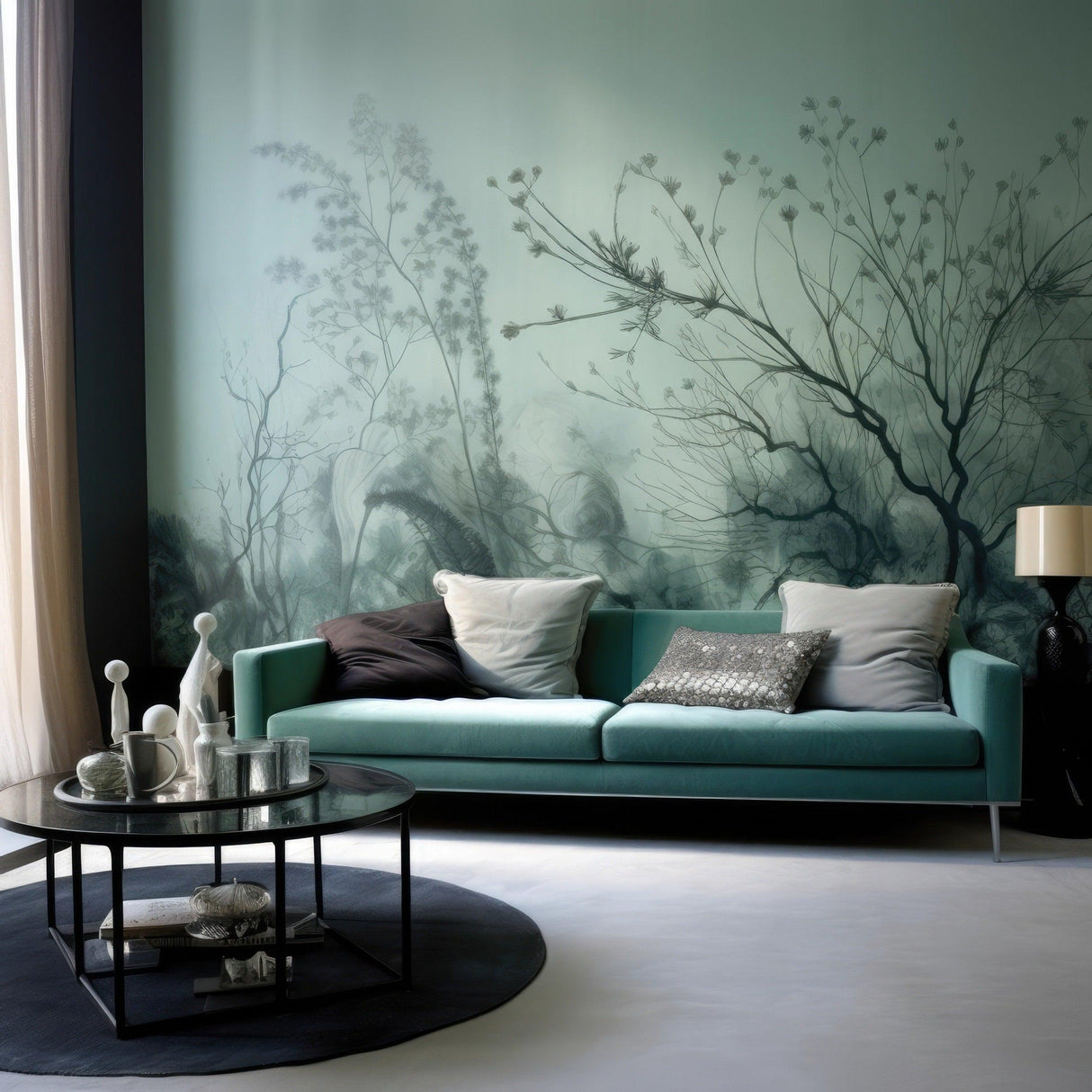 Living room featuring custom wallpaper decal with botanical design and modern teal sofa.