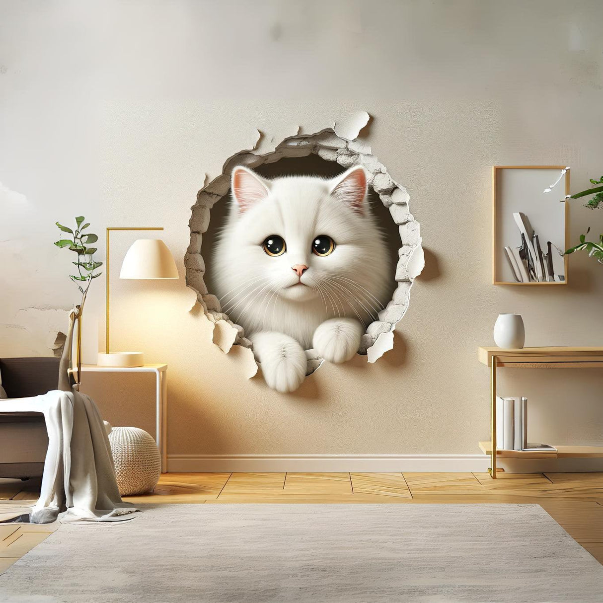 3D cute white cat wall sticker creating an illusion of peeking through a wall, perfect nursery decor.