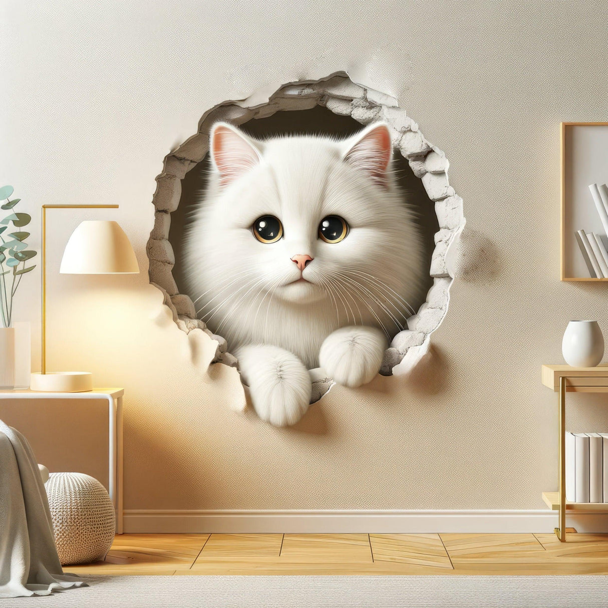 3D cute white cat wall sticker creating a whimsical illusion in a nursery decor setting.