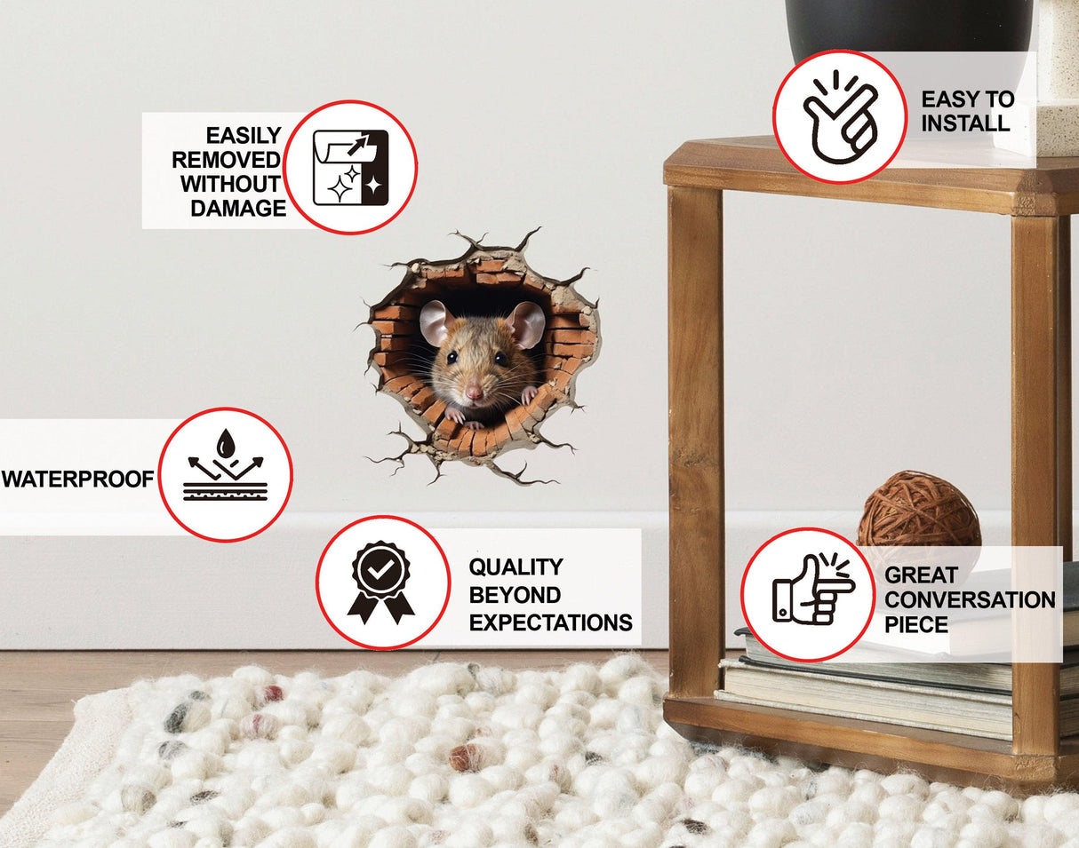 3D mouse hole wall sticker featuring a mouse peeking out, showcasing its waterproof, easy to install, and removable features.