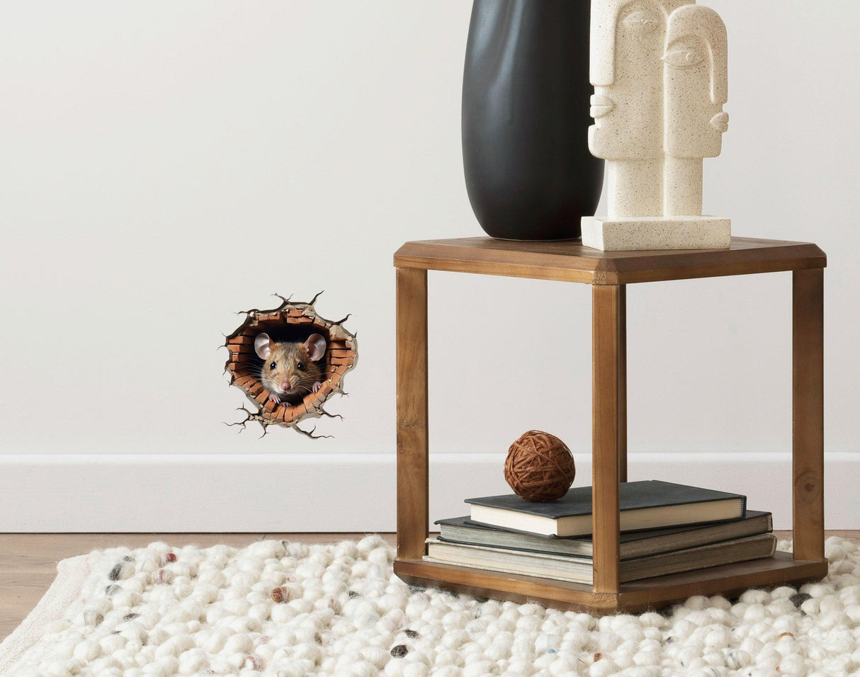 3D mouse hole wall sticker decal showing a realistic mouse peeking out, charming decor for whimsical home interiors.