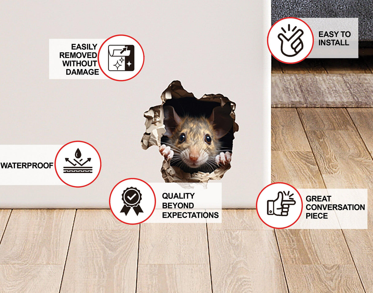 3D wall sticker of a curious brown mouse peeking from a hole, showcasing easy installation and quality features.