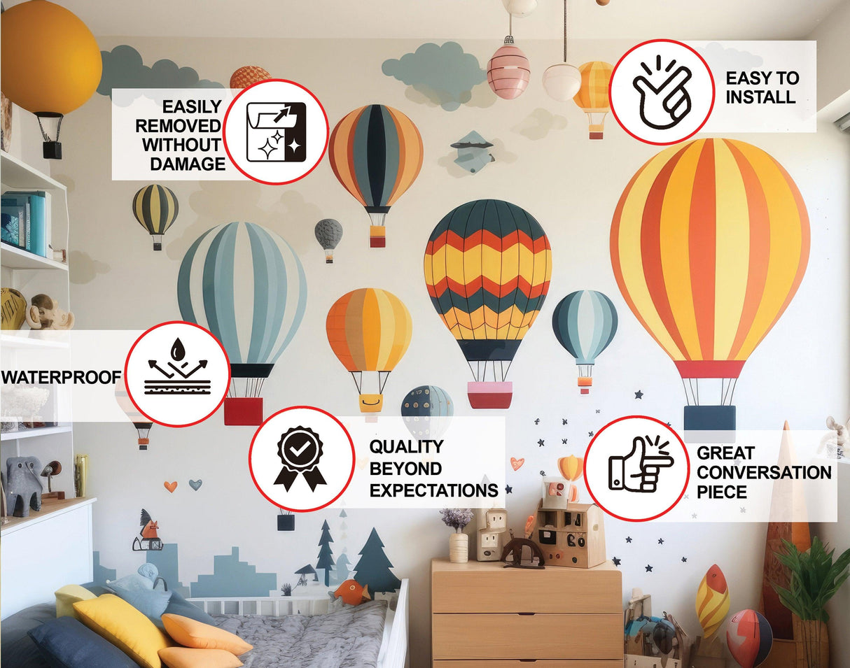 Colorful hot air balloon wall stickers in kids' room, featuring easy installation and waterproof design.