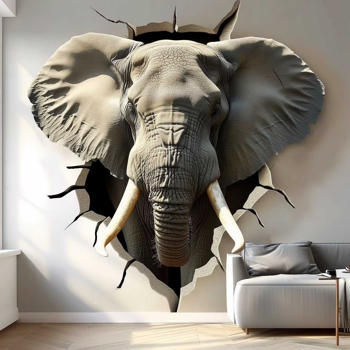3D elephant head wall sticker with realistic broken illusion effect on a modern wall, adding artistic flair to home decor.
