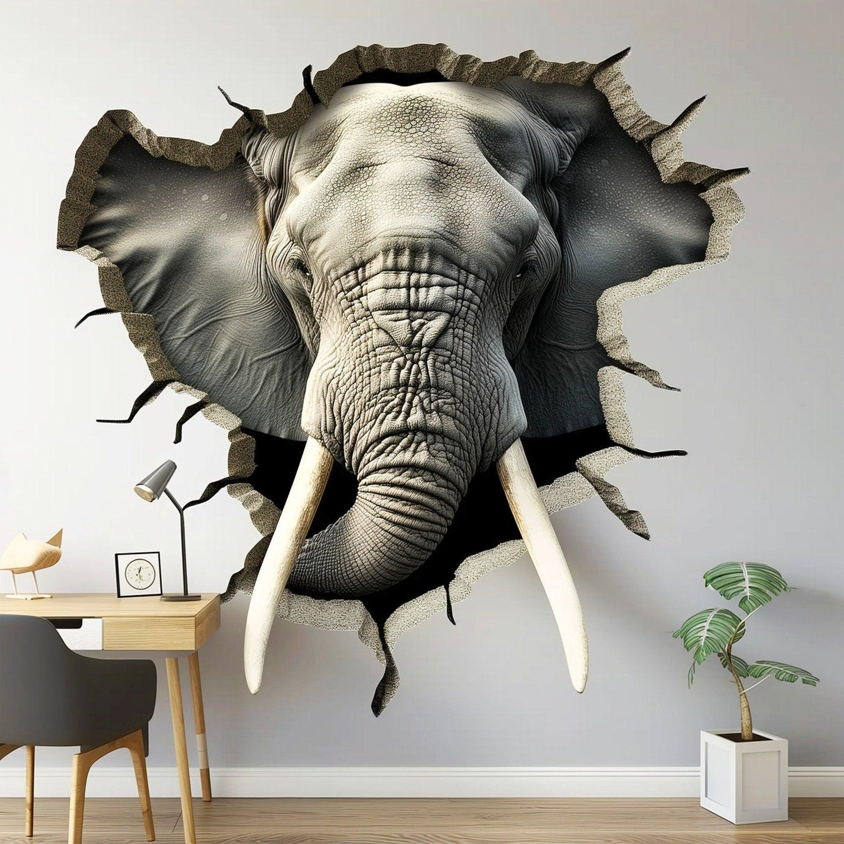 3D elephant wall decal creating a broken hole illusion, adding a whimsical touch to room decor.