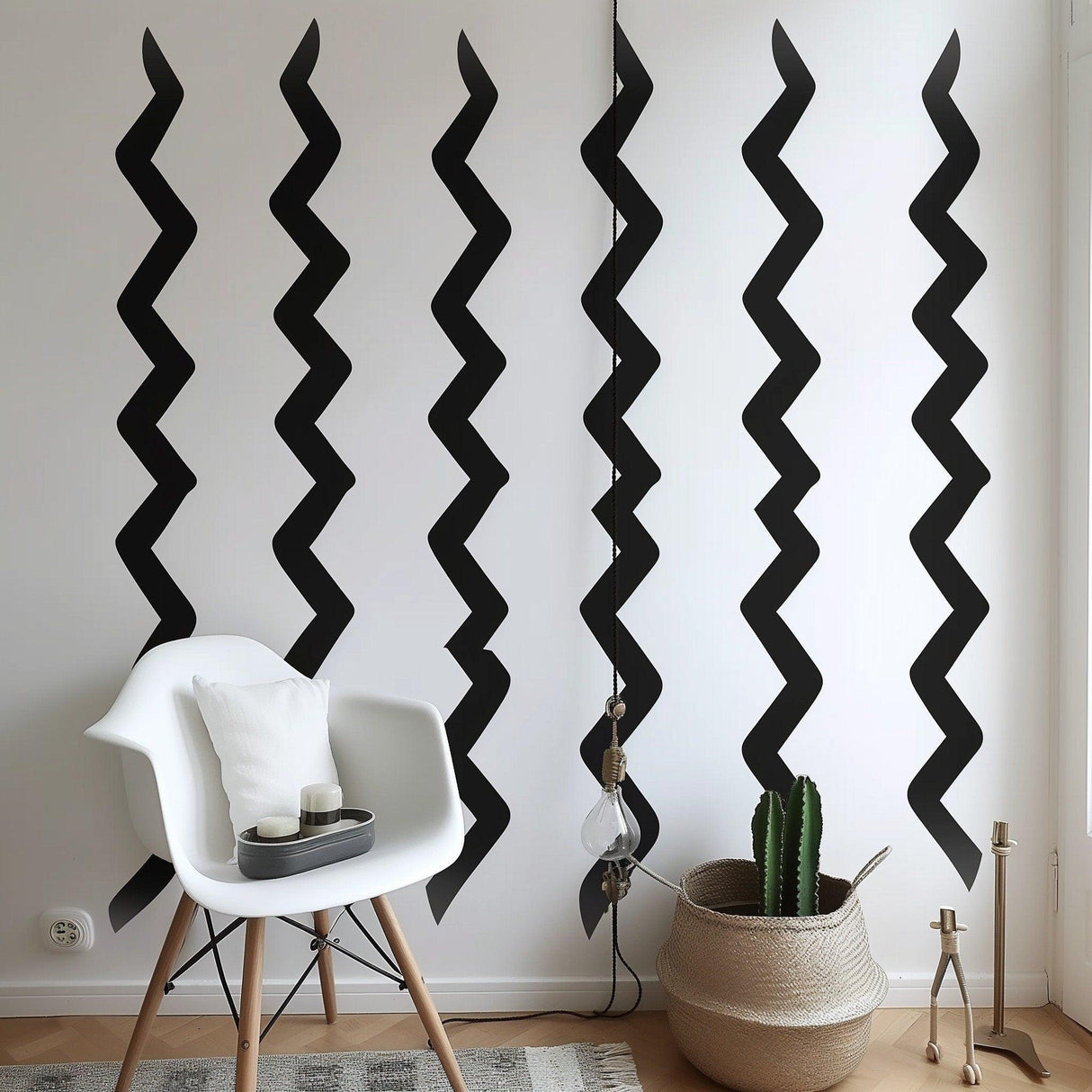 Modern black zigzag wall stickers on white walls, adding style and elegance to contemporary room decor.