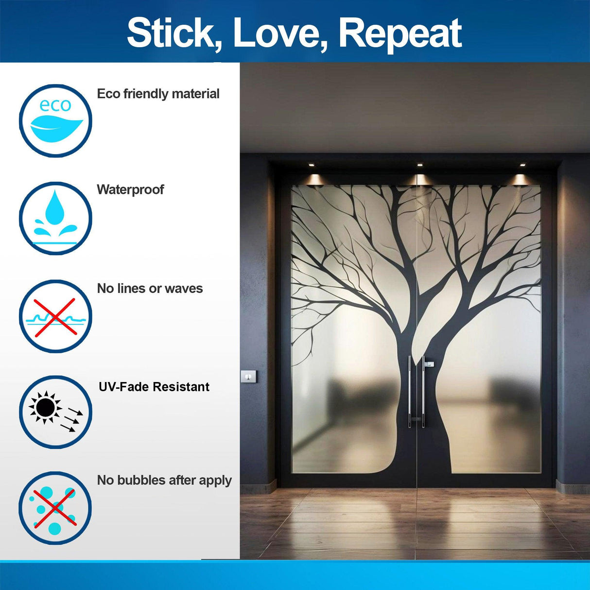 Frosted black tree silhouette decal on glass doors showcasing eco-friendly features and minimal design for privacy.