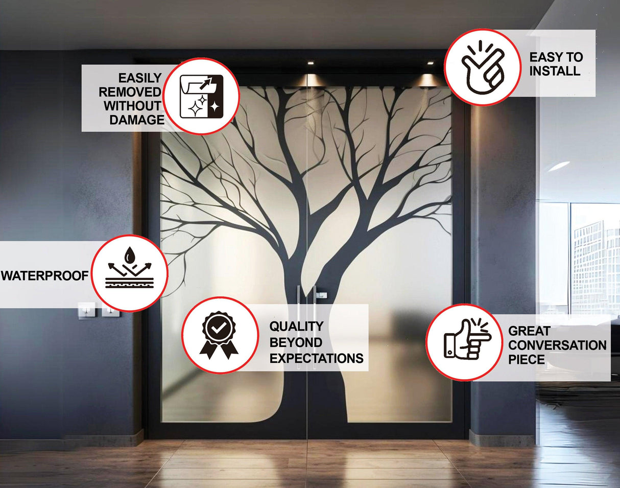 Frosted black tree silhouette decal on glass door with highlighted features like easy installation and waterproof quality.