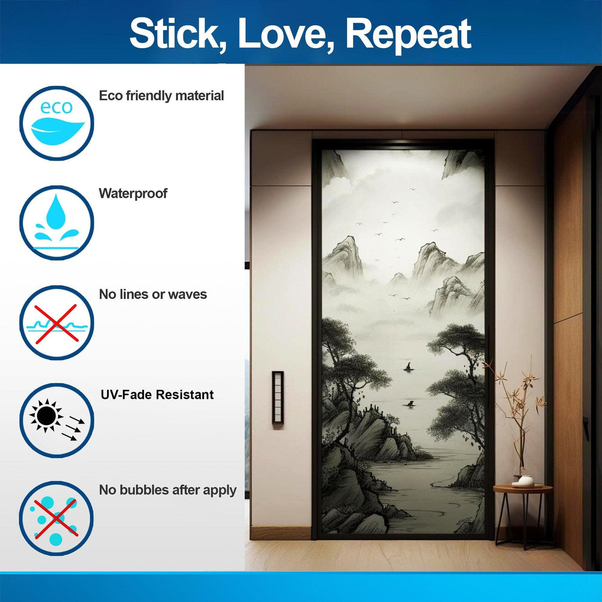Contemporary Smoky Glass Door Sticker showing eco-friendly features like waterproof, UV resistance, and no bubbles after application.
