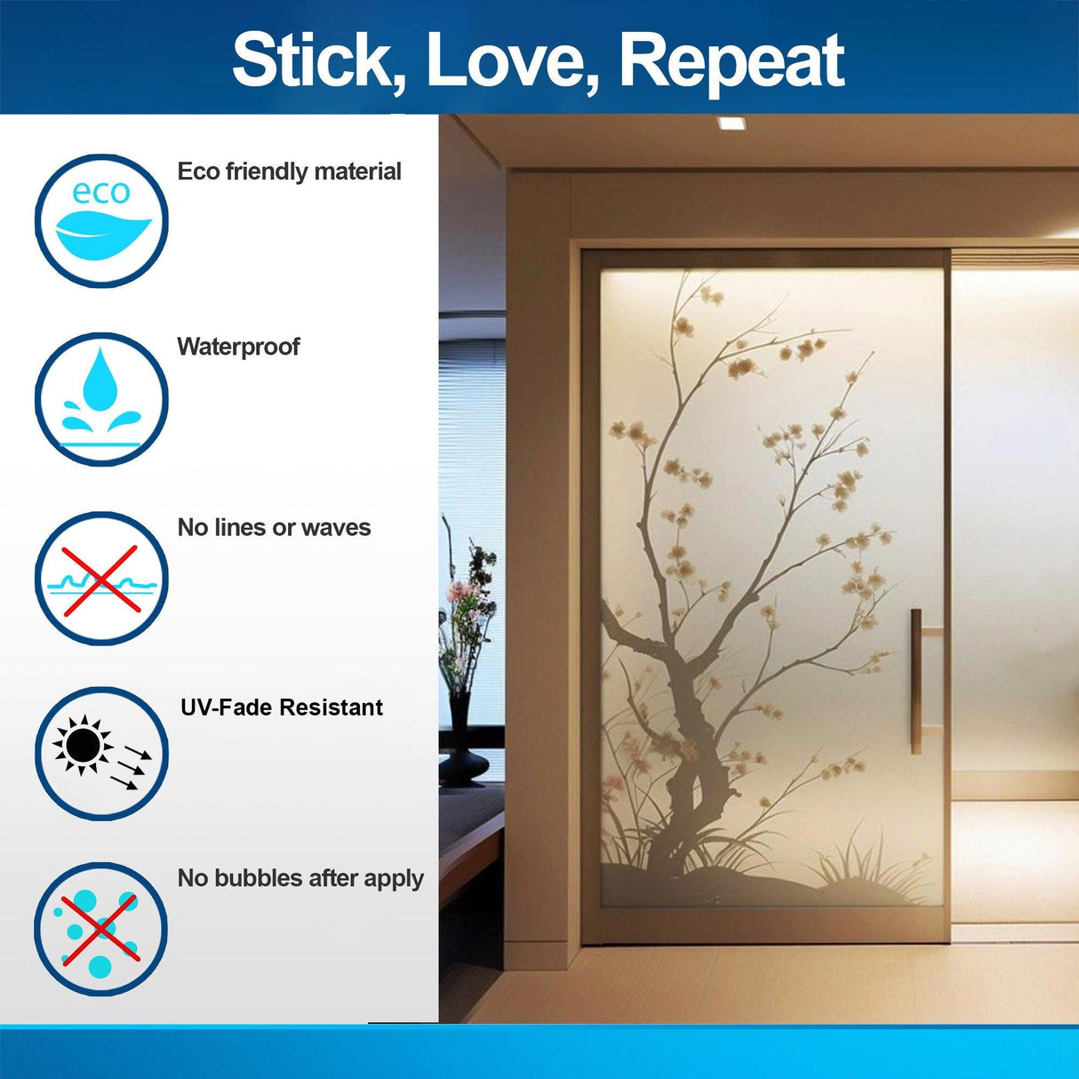 Frosted black cherry blossom tree silhouette decal adhered to a glass door, showcasing eco-friendly and waterproof features.