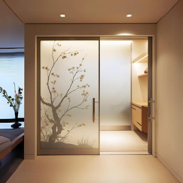 Frosted black cherry blossom tree silhouette decal on glass doors, adding elegance and privacy to modern interiors.