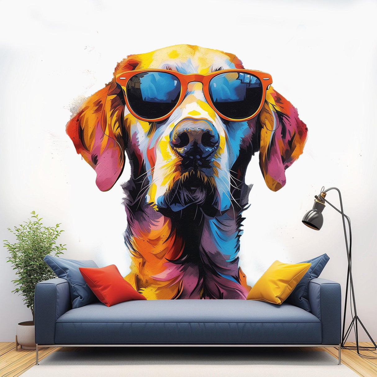 Colorful watercolor golden retriever wearing sunglasses wall sticker for toddler room decor.