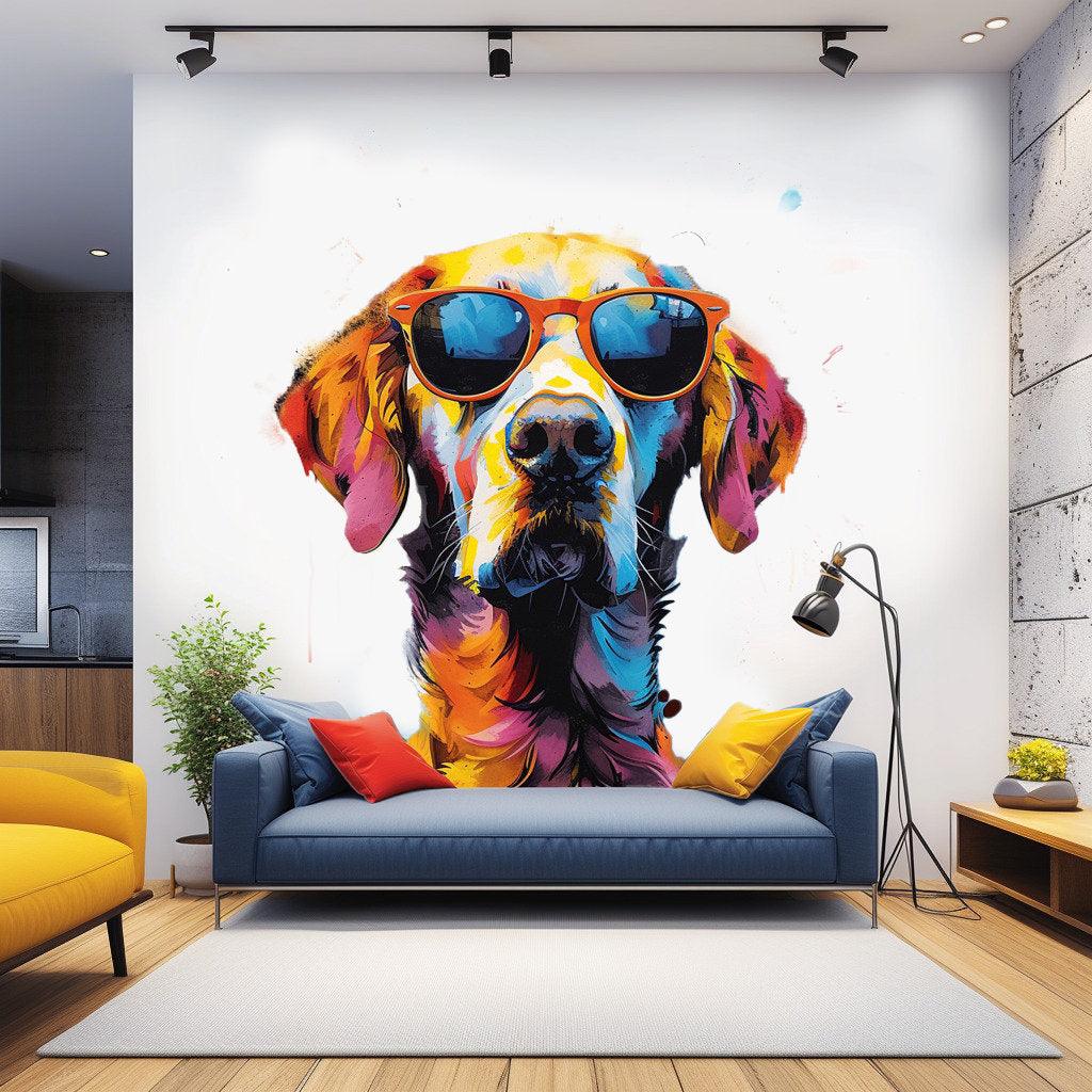 Colorful watercolor golden retriever wearing sunglasses wall sticker in modern living room decor.