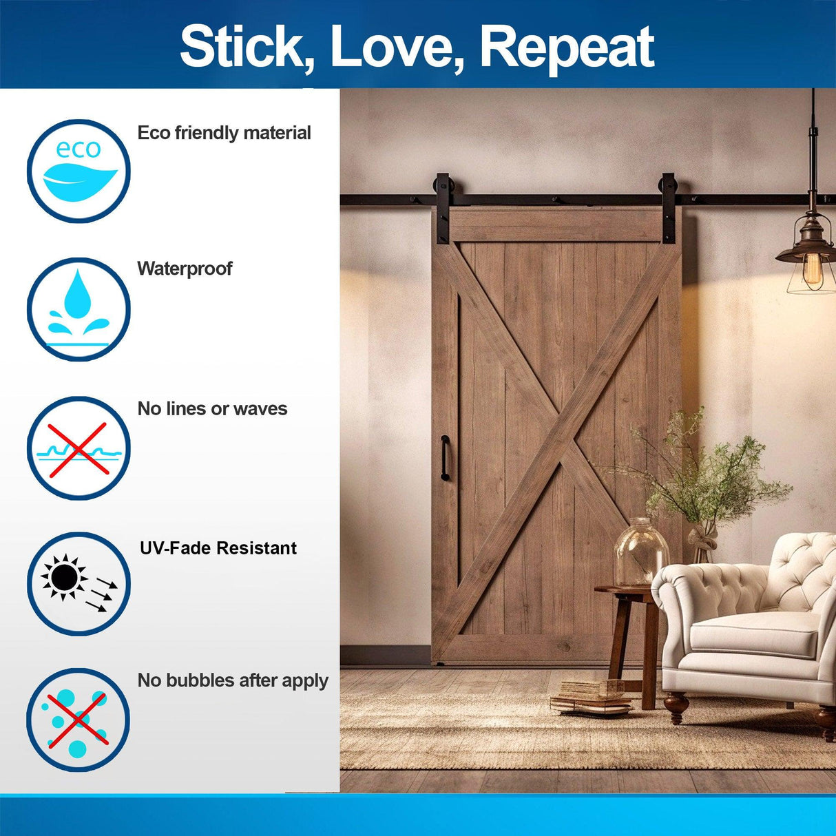 Barn door wallpaper sticker features, showcasing eco-friendly, waterproof, UV-fade resistant design without bubbles.