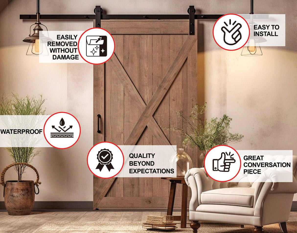 Barn door wallpaper sticker showcasing easy installation, waterproof features, and quality with icons in a chic living room setting.