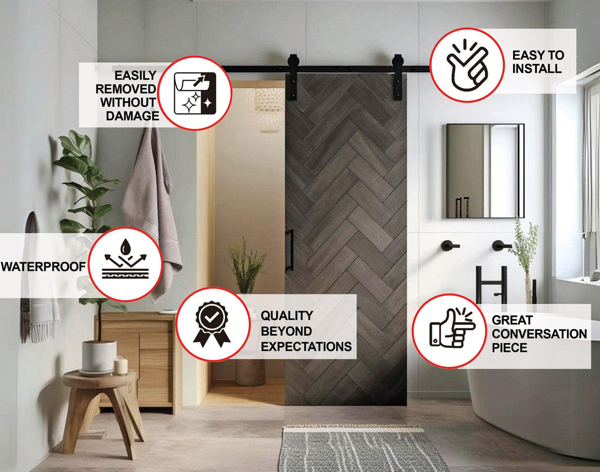 Dark brown barn door wallpaper sticker features including waterproof, easy installation, removable, and quality assurances.