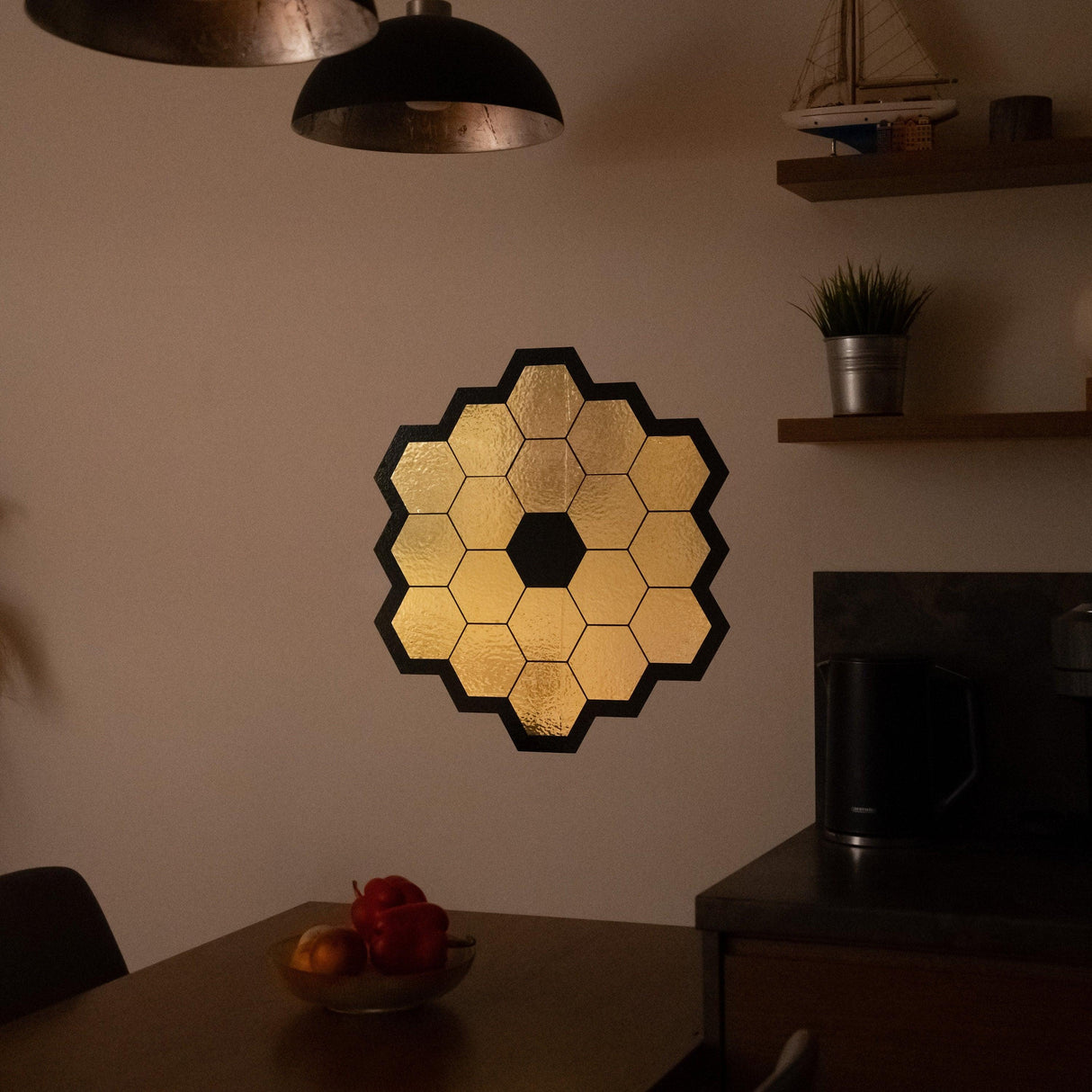 Elegant hexagonal space telescope mirrors wall sticker in a cozy kitchen setting.