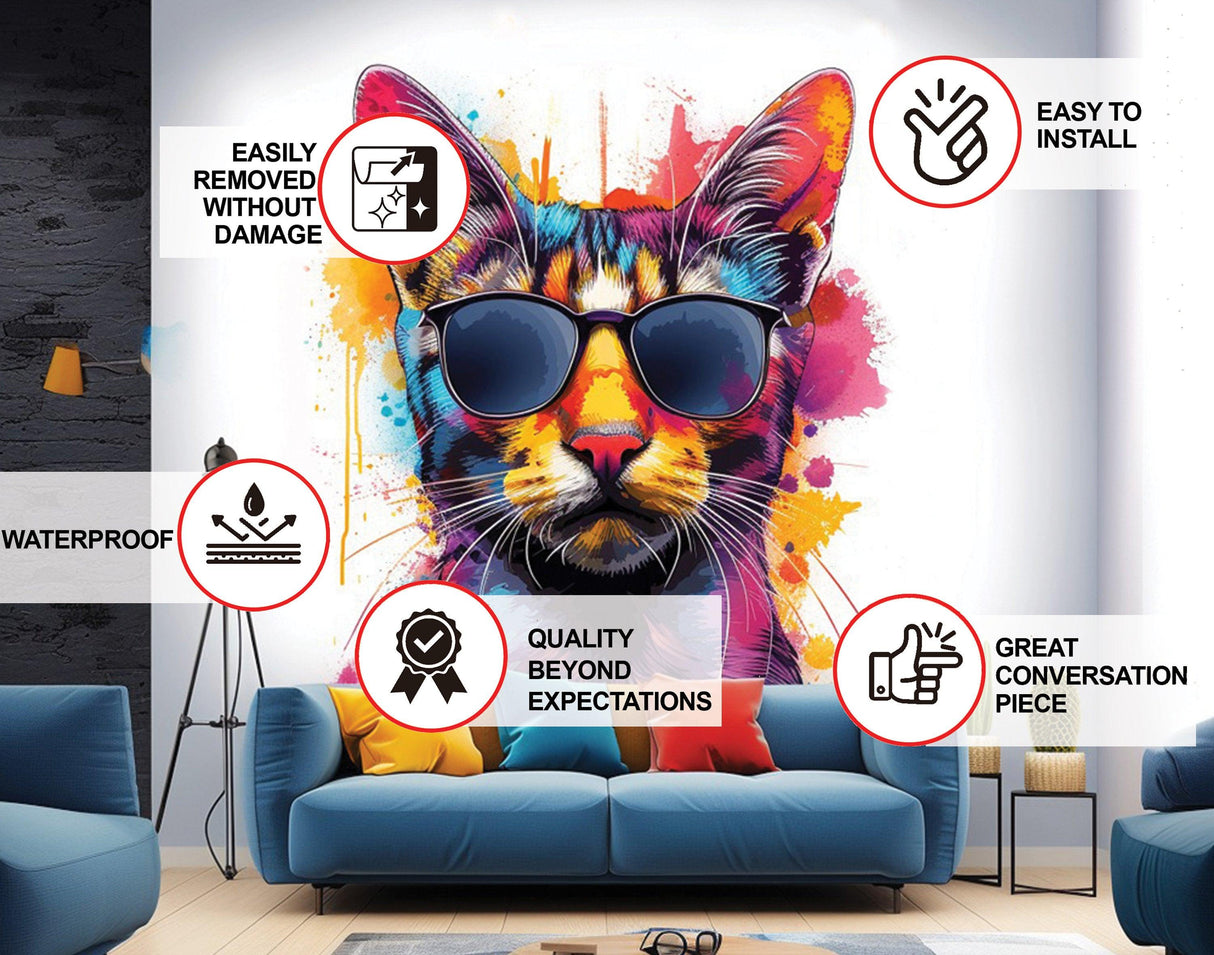 Watercolor cat wall decal with sunglasses, vibrant colors, easy to install and remove, perfect for home decor.