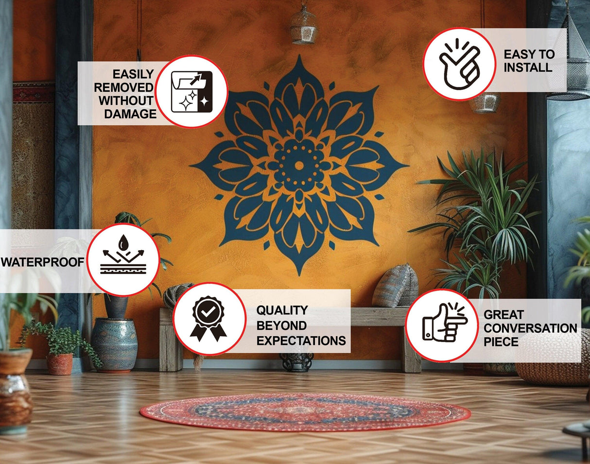 Elegant mandala wall sticker in a stylish interior, showcasing features like easy installation and waterproof quality.
