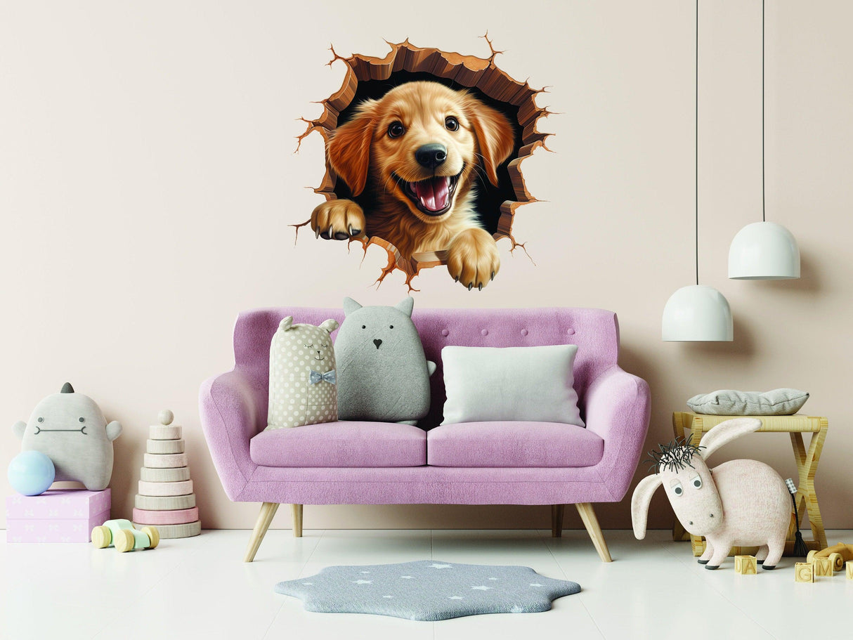 3D dog art wall sticker creating a cracked illusion on a pastel wall above a cozy pink sofa in a modern room.
